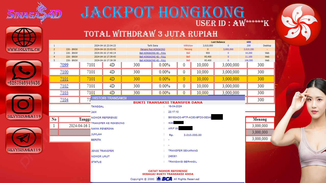 SINAGA4D JACKPOT TOGEL PASARAN HONGKONG RP.3,010.000.,- JUTA RUPIAH LUNAS