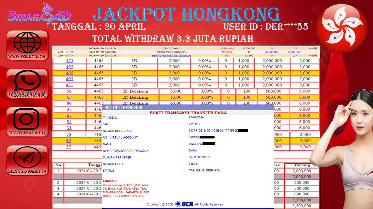 SINAGA4D JACKPOT TOGEL PASARAN HONGKONG RP.3,300.000.,-  RUPIAH LUNAS