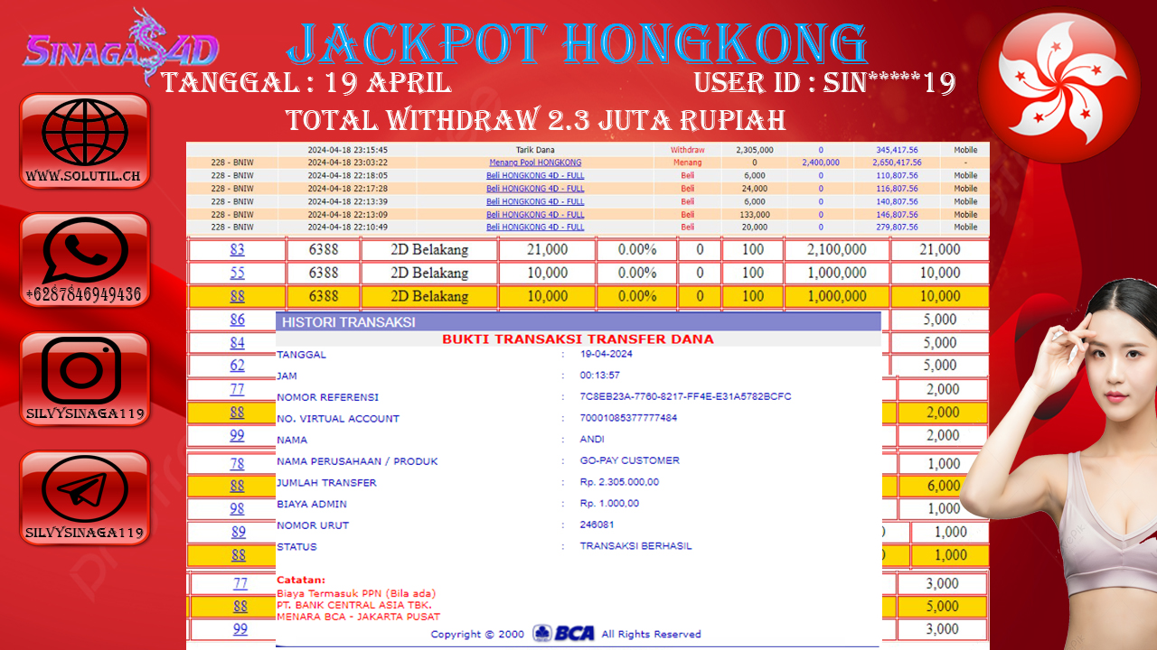 SINAGA4D JACKPOT TOGEL PASARAN HONGKONG RP.2,305.000.,-  RUPIAH LUNAS