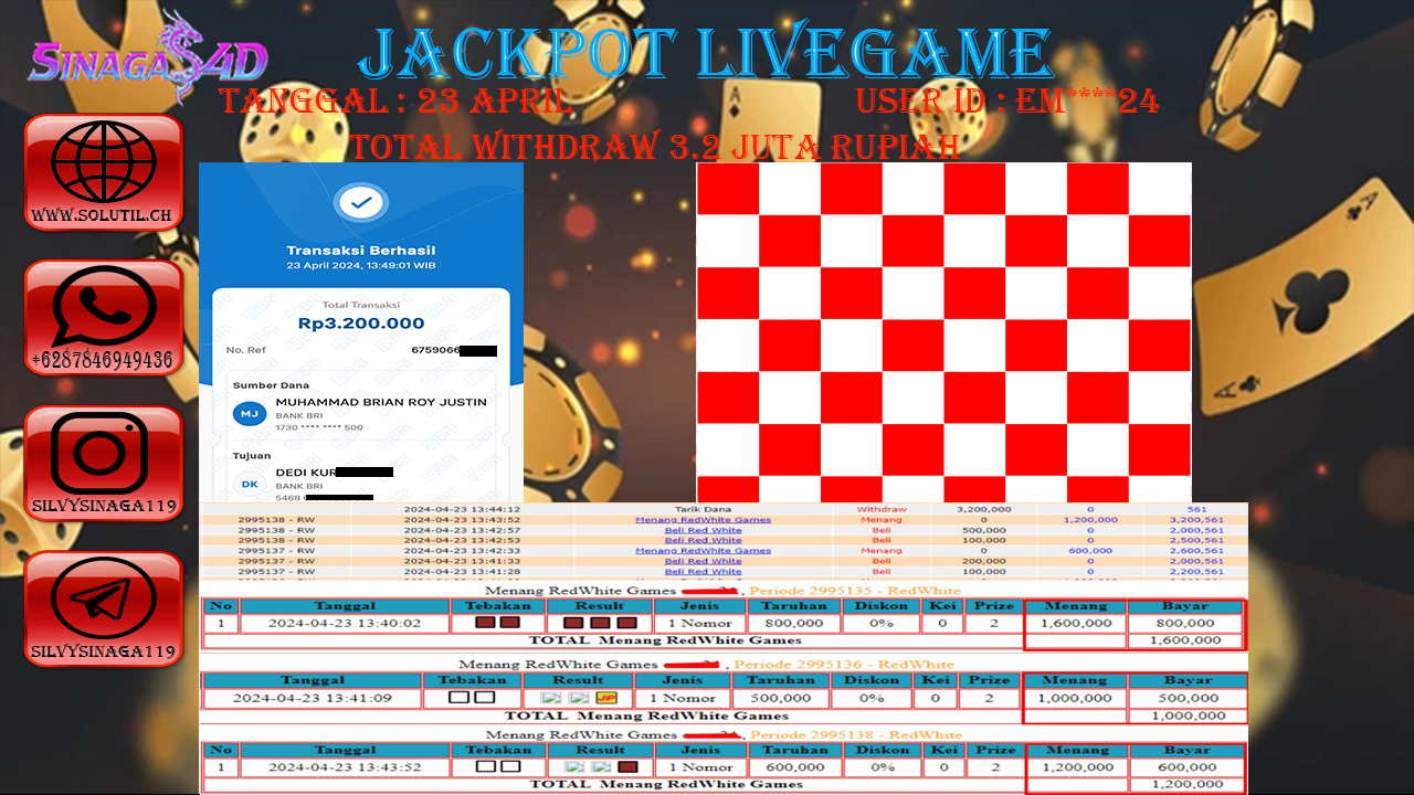 SINAGA4D JACKPOT LIVEGAME RED WHITE RP.3,200.000.,- RUPIAH LUNAS