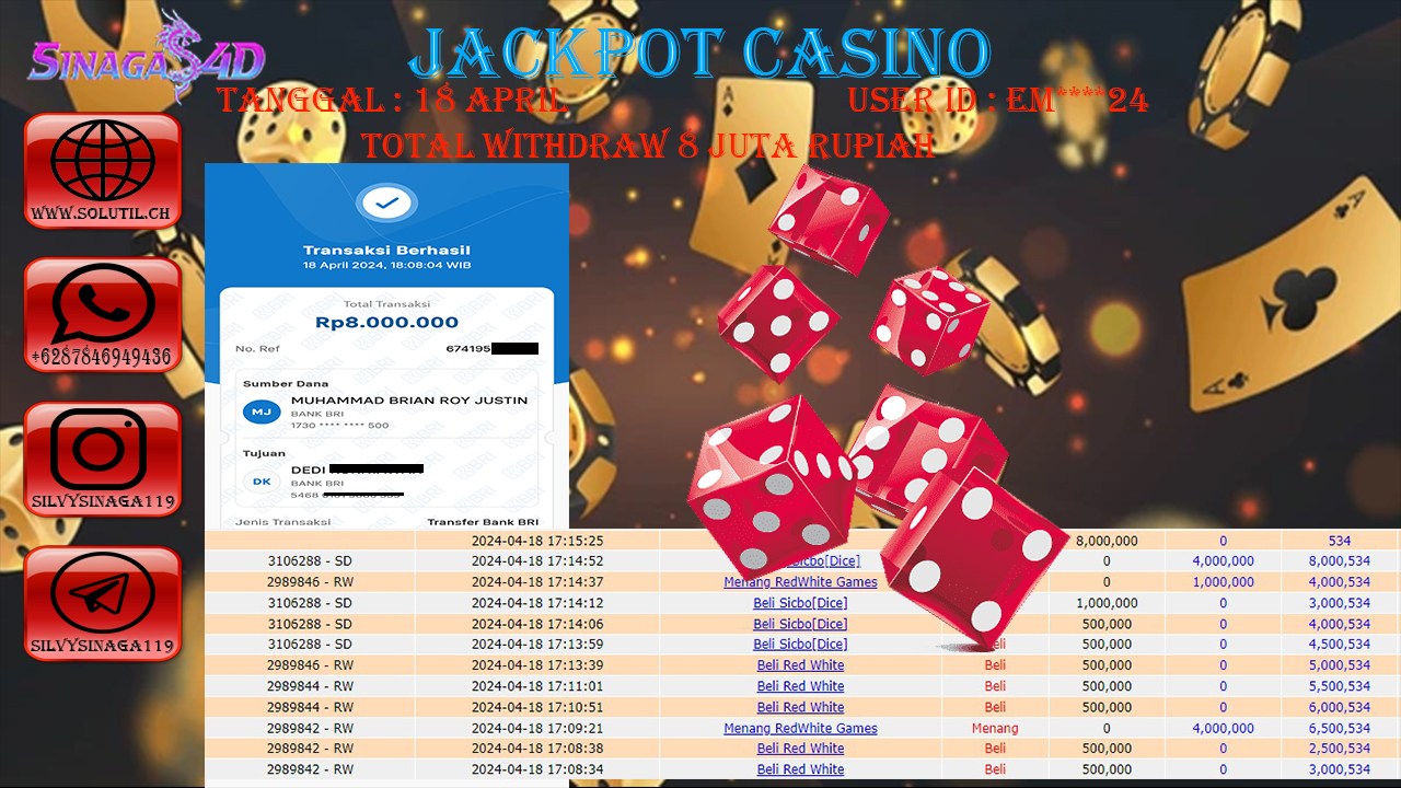 SINAGA4D JACKPOT LIVECASINO SICBO RP.8,000.000.,- RUPIAH LUNAS