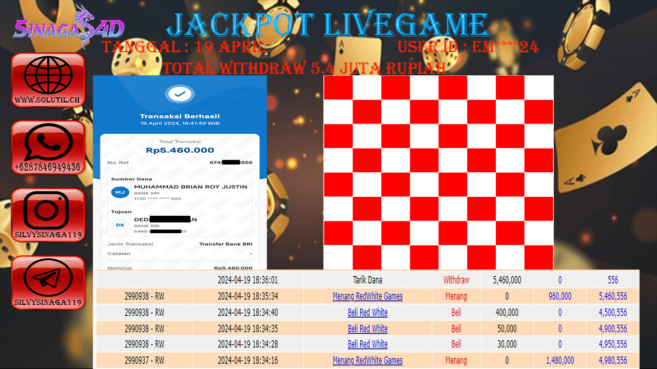 SINAGA4D JACKPOT LIVEGAME RED WHITE RP.5,460.000.,- RUPIAH LUNAS