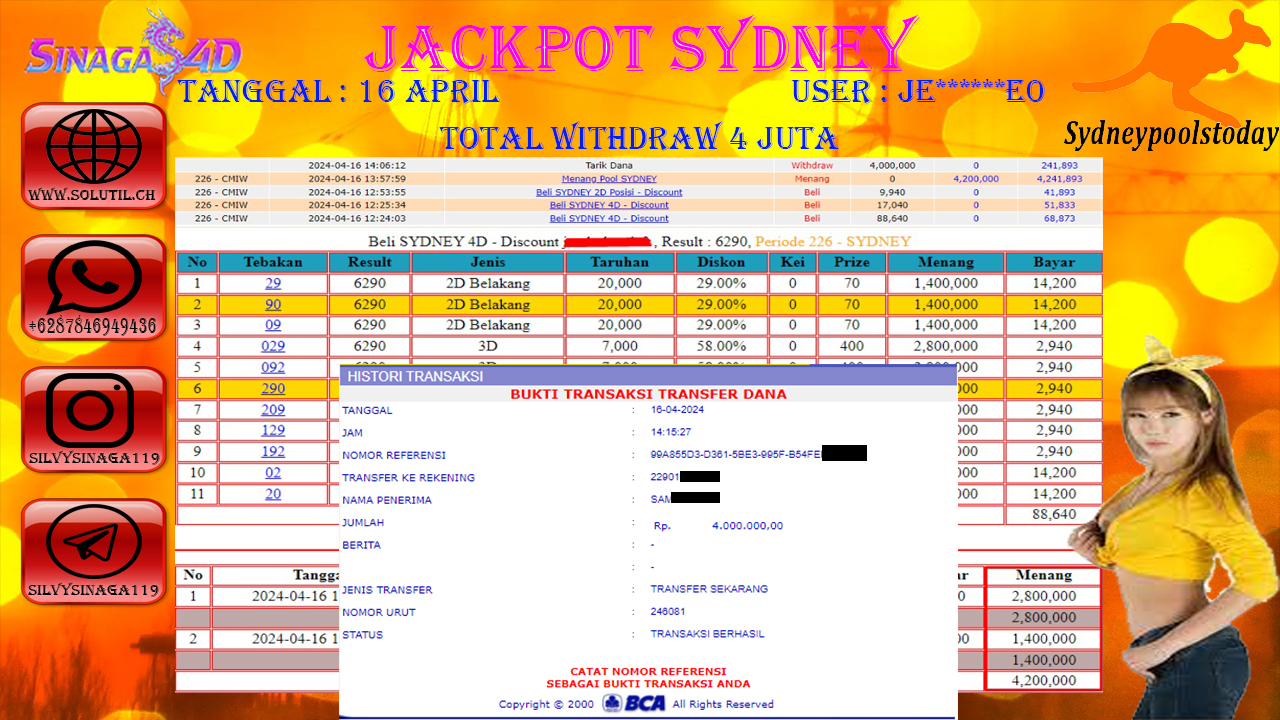 SINAGA4D JACKPOT TOGEL PASARAN SYDNEY RP.4,000.000.,- JUTA RUPIAH LUNAS