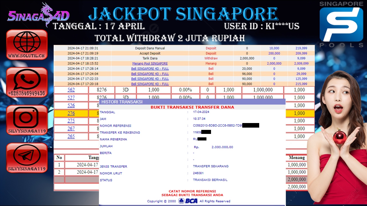 SINAGA4D JACKPOT TOGEL PASARAN SINGAPORE RP.2,000.000.,- JUTA RUPIAH LUNAS