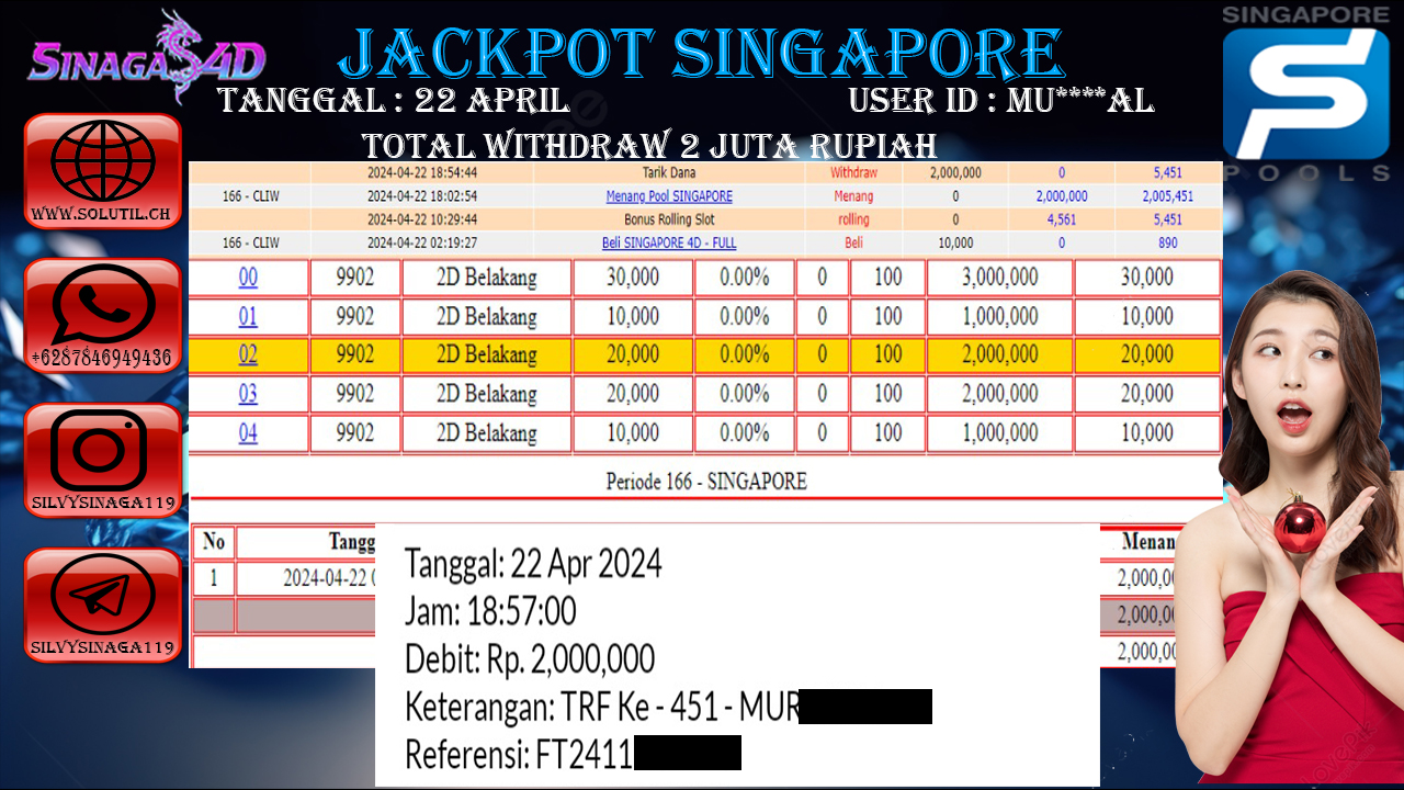 SINAGA4D JACKPOT TOGEL PASARAN SINGAPORE RP.2,000.000.,- RUPIAH LUNAS